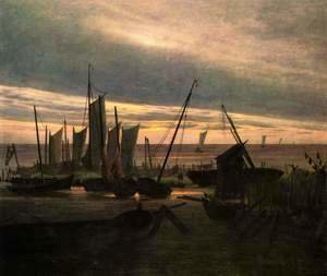 Caspar David Friedrich - Ships in the harbor at night (after sunset)